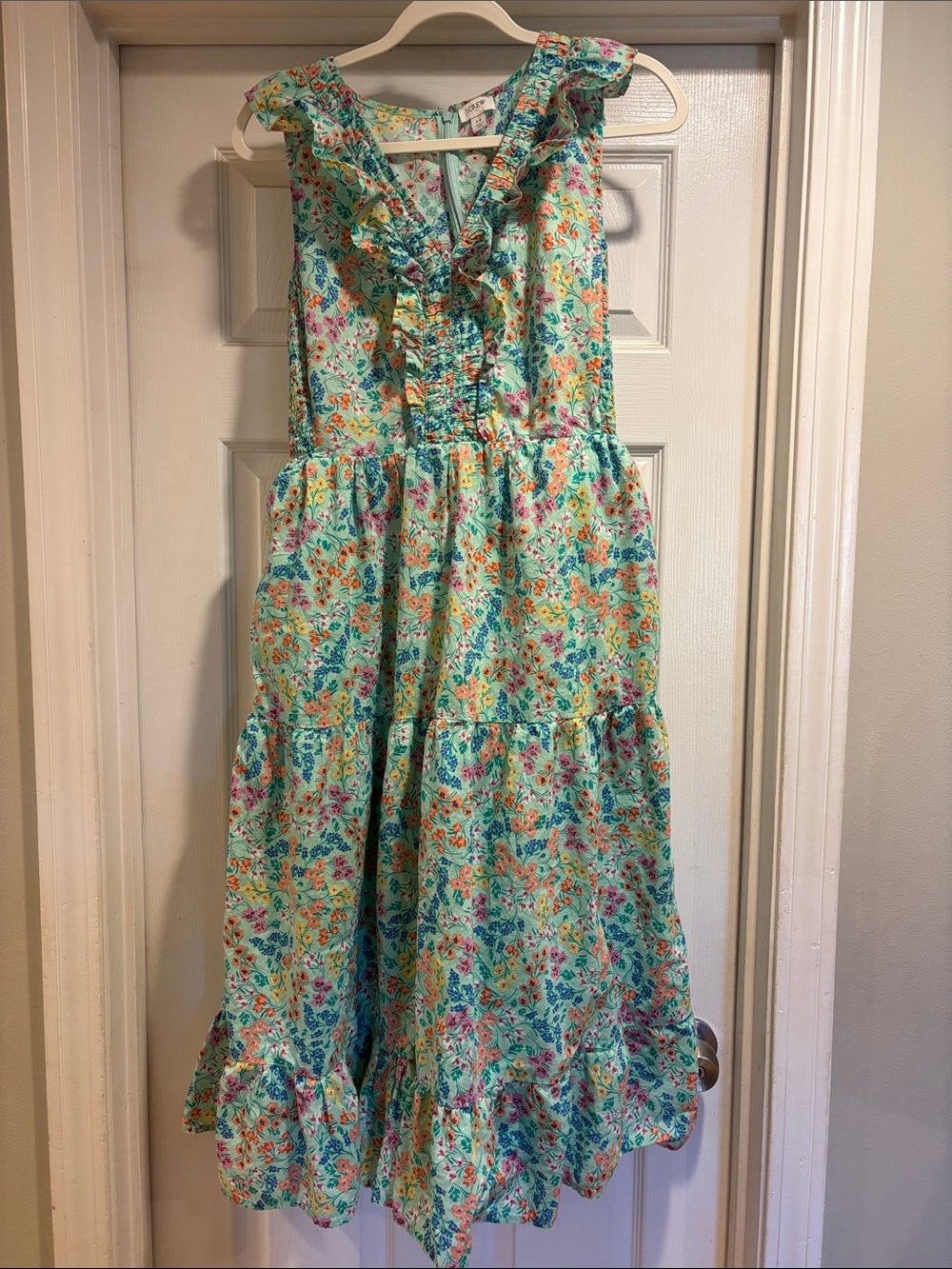 J. Crew Aqua Floral Ruffle Midi Dress